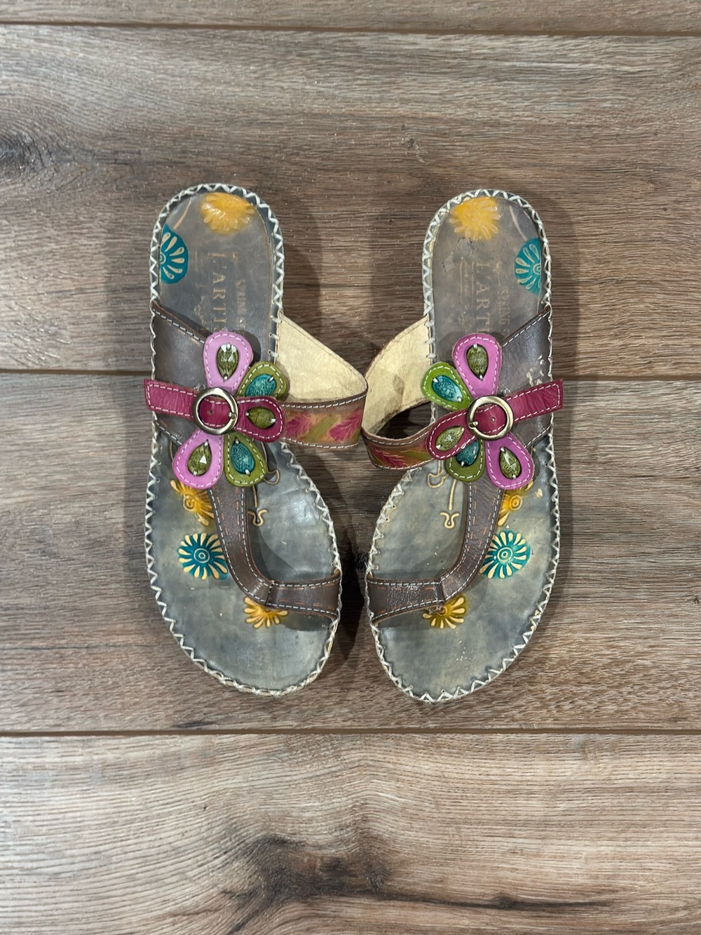 SPRING STEP L’Artiste Gray Leather Boho Chic Jeweled Flower Sandals | Size 7.5 - Picture 1 of 6